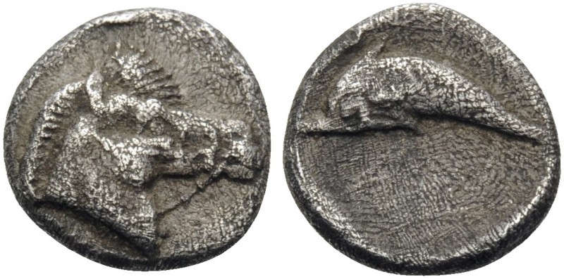 MACEDON. Methone. Circa 400-350 BC. Hemiobol (Silver, 8 mm, 0.48 g, 7 h). Bridle...