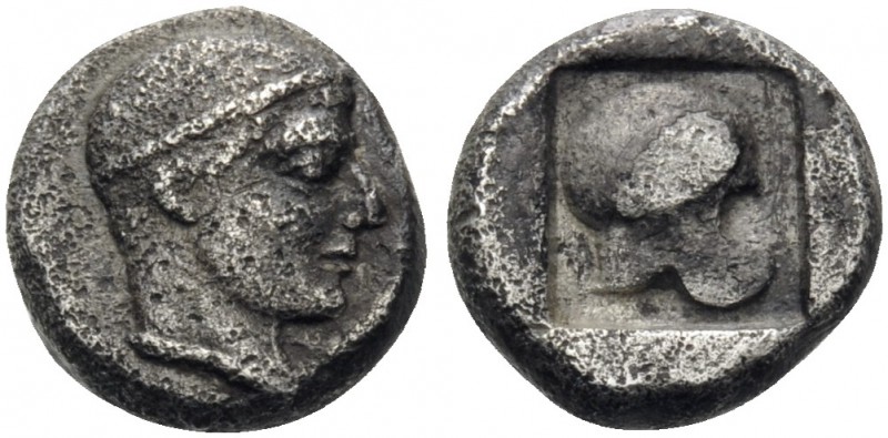 MACEDON. Skione. Circa 450-424 BC. Obol (Silver, 7 mm, 0.54 g, 5 h). Head of the...