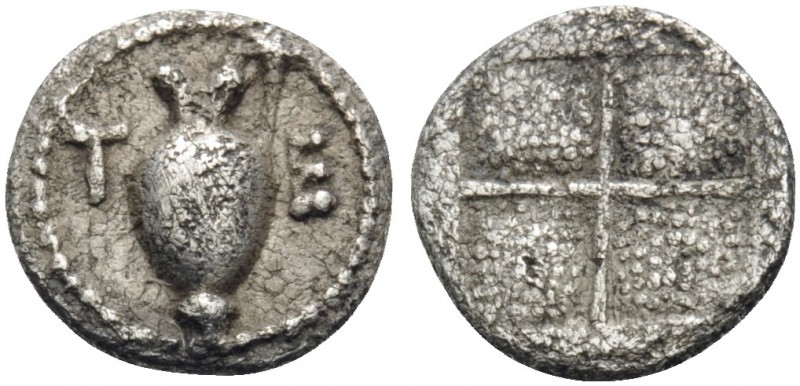 MACEDON. Terone. Circa 424-422 BC. Tetartemorion (Silver, 7 mm, 0.24 g). Oinocho...