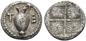MACEDON. Terone. Circa 424-422 BC. Tetartemorion (Silver, 7 mm, 0.24 g). Oinochoe to left. Rev. T E Quadripartite incuse square. Hardwick Group IV, 14...