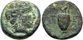 MACEDON. Terone. Circa 400-348 BC. Hemiobol (Bronze, 14 mm, 3.83 g, 9 h). Laureate head of Apollo to right. Rev. T E Oinochoe to left. Hardwick - cf 2...