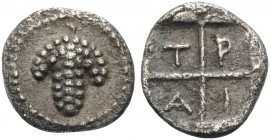 MACEDON. Tragilos. Circa 450-400 BC. Tetartemorion (Silver, 7 mm, 0.27 g, 3 h). Bunch of grapes. Rev. T-P/A-I within quarters of quadripartite incuse ...