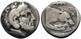 KINGS OF MACEDON. Archelaos, 413-400/399 BC. Diobol (Silver, 10.5 mm, 0.92 g, 11 h), Aigai. Bearded head of Herakles right, wearing lion's skin headdr...