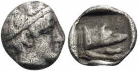KINGS OF MACEDON. Amyntas II, 395/4-393 BC. Obol (Silver, 8.5 mm, 0.46 g, 3 h). Diademed head of Apollo to right. Rev. Forepart of wolf to right withi...