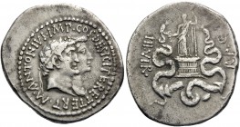 Mark Antony and Octavia. Cistophorus (Silver, 29 mm, 11.76 g, 2 h), Ephesus, summer-autumn 39. M•ANTONIVS•IMP •COS• DESIG•ITER ET•TERT• Conjoined head...