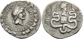 Mark Antony and Octavia. Cistophorus (Silver, 27 mm, 11.73 g, 12 h), Ephesus, 39 BC. M ANTONIVS IMP•COS•DESIG•ITER ET•TERT Head of Antony to right, we...