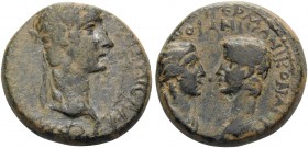 IONIA. Smyrna. Gaius (Caligula), with Germanicus and Agrippina Senior, 37-41. (Bronze, 19 mm, 5.95 g, 12 h), Marcus Acilius Aviola, proconsul, Menopha...