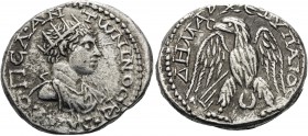 PHOENICIA. Aradus. Diadumenian Caesar, 217-218. Tetradrachm (Silver, 28 mm, 15.58 g, 12 h). MAP•OΠEΛ• ANTΩNINOC•K• Radiate, draped and cuirassed bust ...