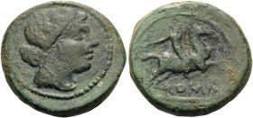 Anonymous, Circa 217-215 BC. Semuncia (Bronze, 20 mm, 7.94 g, 10 h), Rome. Draped bust of Cybele (?) to right, wearing mural crown. Rev. Rider, holdin...