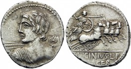 C. Licinius L.f. Macer, 84 BC. Denarius (Silver, 20 mm, 3.74 g, 1 h), Rome. Bust of Vejovis to left with drapery over his left shoulder, hurling thund...