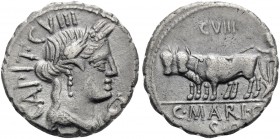 C. Marius C.f. Capito, 81 BC. Denarius Serratus (Silver, 18 mm, 3.87 g, 5 h), Rome. CAPIT•CVIII Draped bust of Ceres to right, wearing grain wreath an...
