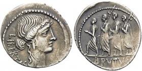 Q. Servilius Caepio Brutus (M. Junius Brutus), 54 BC. Denarius (Silver, 21 mm, 3.47 g, 2 h), Rome. LIBERTAS Bare head of Libertas to right, wearing ea...