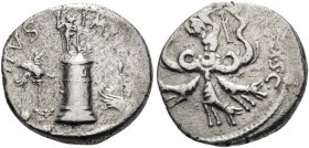 Sextus Pompey. Denarius (Silver, 18 mm, 3.73 g, 7 h), military mint in Sicily, 40-39 BC. MAG•PIVS•IMP•ITER Pharos of Messana, surmounted by a statue o...