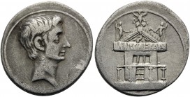 The Triumvirs. Octavian, Autumn 30-summer 29 BC. Denarius (Silver, 20 mm, 3.57 g, 9 h), Italian mint, possibly Rome. Bare head of Octavian to right. R...