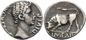 Augustus, 27 BC-AD 14. Denarius (Silver, 18 mm, 3.79 g, 8 h), Lugdunum, 11 BC. AVGVSTVS DIVI F Bare head of Augustus to right. Rev. IMP•XII Bull with ...