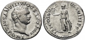 Domitian, 81-96. Denarius (Silver, 18 mm, 3.21 g, 6 h), Rome, 81. IMP CAES DOMITIANVS AVG PONT Laureate head of Domitian to right. Rev. TR P COS VII D...