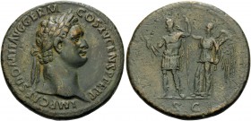 Domitian, 81-96. Sestertius (Orichalcum, 34.5 mm, 25.14 g, 6 h), Rome, 90-91. IMP CAES DOMIT AVG GERM COS XV CENS PER P P Laureate head of Domitian to...