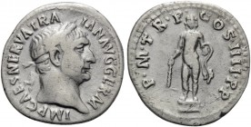 Trajan, 98-117. Denarius (Silver, 19 mm, 2.90 g, 5 h), Rome, 101-102. IMP CAES NERVA TRAIAN AVG GERM Laureate head of Trajan to right. Rev. P•M•TR•P•C...