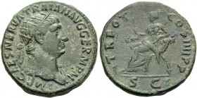Trajan, 98-117. Dupondius (Orichalcum, 28 mm, 13.55 g, 5 h), Rome, 101-102. IMP CAES NERVA TRAIAN AVG GERM P M Radiate head of Trajan to right. Rev. T...