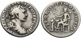 Trajan, 98-117. Denarius (Silver, 19 mm, 3.15 g, 7 h), Rome, 106-107. IMP TRAIANO AVG GER DAC P M TR P COS V P P Laureate, draped, and cuirassed bust ...