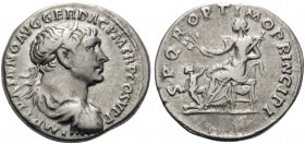 Trajan, 98-117. Denarius (Silver, 18 mm, 3.42 g, 7 h), Rome, 106-107. IMP TRAIANO AVG GER DAC P M TR P COS V P P Laureate, draped, and cuirassed bust ...