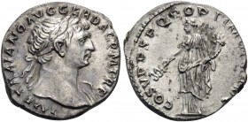 Trajan, 98-117. Denarius (Silver, 19 mm, 3.39 g, 7 h), Rome, 108-109. IMP TRAIANO AVG GER DAC P M TR P Laureate bust of Trajan to right with slight dr...