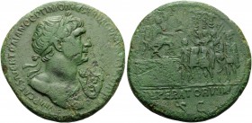 Trajan, 98-117. Sestertius (Orichalcum, 34 mm, 24.31 g, 6 h), Rome, 115. IMP CAES NER TRAIANO OPTIMO AVG GER DAC P M TR P COS VI P P Laureate bust of ...