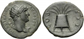 Hadrian, 117-138. Quadrans (?) (Copper, 19 mm, 4.42 g, 6 h), Rome, 125-128. HADRIANVS AVGVSTVS Radiate head of Hadrian to right, with slight drapery o...