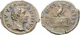 Divus Antoninus Pius, died 161. Denarius (Silver, 20 mm, 2.94 g, 6 h), struck under Marcus Aurelius and Lucius Verus, Rome, 161. DIVVS ANTONINVS Bare ...