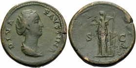 Diva Faustina Senior, died 140/1. Sestertius (Orichalcum, 34.5 mm, 28.85 g, 6 h), struck under Antoninus Pius, Rome. DIVA FAVSTINA Pietas standing lef...