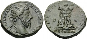 Marcus Aurelius, 161-180. Dupondius (Orichalcum, 24.5 mm, 12.79 g, 5 h), Rome, 176-177. M ANTONINVS AVG GERM SARM TR P XXX Radiate head of Marcus Aure...