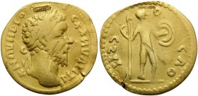 Marcus Aurelius, 161-180. Aureus (Gold, 18 mm, 2.54 g, 12 h), Barbaric imitation from the north-east Europe. Barbarized inscription. Laureate head of ...