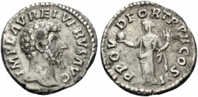 Lucius Verus, 161-169. Denarius (Silver, 18 mm, 3.11 g, 6 h), Rome, 161-162. IMP L AVREL VERVS AVG Bare bust of Lucius Verus to right. Rev. PROV DEOR ...