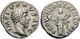 Lucius Verus, 161-169. Denarius (Silver, 17 mm, 2.88 g, 11 h), Rome, 163. IMP L VERVS AVG Bare head of Lucius Verus to right. Rev. PROV DEOR TR P III ...