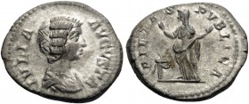 Julia Domna, Augusta, 193-217. Denarius (Silver, 19.5 mm, 2.53 g, 6 h), struck under Septimius Severus, Rome, 200-207. IVLIA AVGVSTA Draped bust of Ju...