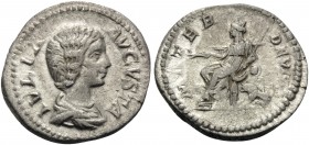 Julia Domna, Augusta, 193-217. Denarius (Silver, 20 mm, 2.25 g, 6 h), struck under Septimius Severus, Rome, 198-207. IVLIA AVGVSTA Draped bust of Juli...