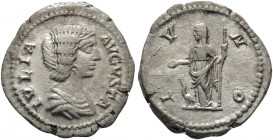Julia Domna, Augusta, 193-217. Denarius (Silver, 19.2 mm, 1.98 g, 1 h), struck under Septimius Severus, Rome, 207. IVLIA AVGVSTA Draped bust of Julia ...
