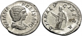 Julia Domna, Augusta, 193-217. Denarius (Silver, 18 mm, 2.35 g, 6 h), struck under Caracalla, Rome, 211-215. IVLIA PIA FELIX AVG Draped bust of Julia ...