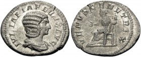 Julia Domna, Augusta, 193-217. Denarius (Silver, 20 mm, 2.57 g, 12 h), struck under Caracalla, Rome, 215-217. IVLIA PIA FELIX AVG Draped bust of Julia...