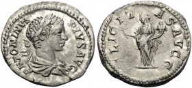 Caracalla, 198-217. Denarius (Silver, 19.5 mm, 2.48 g, 5 h), Rome, 201-206. ANTONINVS PIVS AVG Laureate and draped bust of Caracalla to right. Rev. FE...