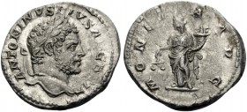 Caracalla, 198-217. Denarius (Silver, 18.7 mm, 2.72 g, 7 h), Rome, 212-213. ANTONINVS PIVS AVG BRIT Laureate head of Caracalla to right. Rev. MONETA A...