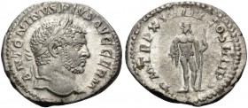 Caracalla, 198-217. Denarius (Silver, 19 mm, 2.20 g, 12 h), Rome, 216. ANTONINVS PIVS AVG GERM Laureate head of Caracalla to right. Rev. P M TR P XVII...