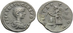 Geta, as Caesar, 198-209. Denarius (Billon, 19 mm, 2.48 g, 1 h), Contemporary "limes" denarius, struck at the frontiers of the empire, based on an iss...