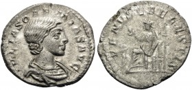 Julia Soaemias, Augusta, 218-222. Denarius (Silver, 19 mm, 2.06 g, 1 h), mother of Elagabalus, Rome, 218-220. IVLIA SOAEMIAS AVG Draped bust of Julia ...