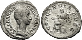 Orbiana, Augusta, 225-227. Denarius (Silver, 19 mm, 1.31 g, 7 h), wife of Severus Alexander, Rome, 225. SALL BARBIA ORBIANA AVGG Diademed and draped b...