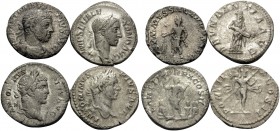SEVERAN DYNASTY, 198-235. (Silver, 8.23 g). Lot of four denarii of Caracalla (2), Elagabalus (1) and Severus Alexander (1). All in about very fine or ...