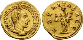 Trajan Decius, 249-251. Aureus (Gold, 19 mm, 3.94 g, 5 h), Rome, mid-late 250. IMP C M Q TRAIANVS DECIVS AVG Laureate and cuirassed bust of Trajan Dec...