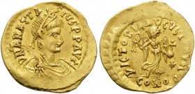Anastasius I, 491-518. Tremissis (Gold, 15 mm, 1.48 g, 6 h), Constantinople, 492-518. D N ANASTASIVS P P AVI Diademed, draped and cuirassed bust of An...