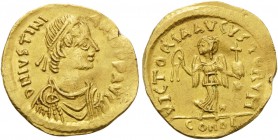 Justinian I, 527-565. Tremissis (Gold, 15 mm, 1.49 g, 7 h), Constantinople. D N IVSTINIANVS P P AVI Diademed, draped and cuirassed bust of Justinian t...