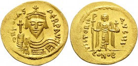 Phocas, 602-610. Solidus (Gold, 20 mm, 4.50 g, 7 h), Constantinople, 10th officina (I), 609-610. dN FOCAS PERP AVC Draped and cuirassed bust of Phocas...